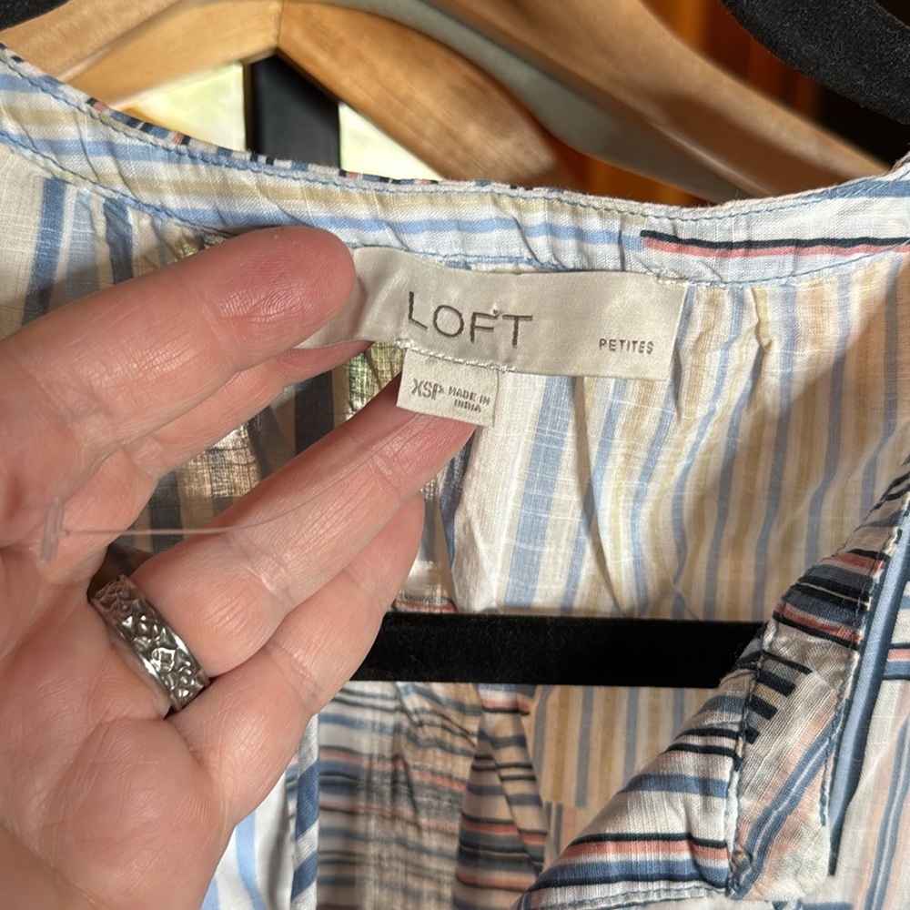 NWOT LOFT Laguna Blue Patchwork Stripe Blouse XSP Petite Cotton Tie Neck Top - Picture 6 of 9